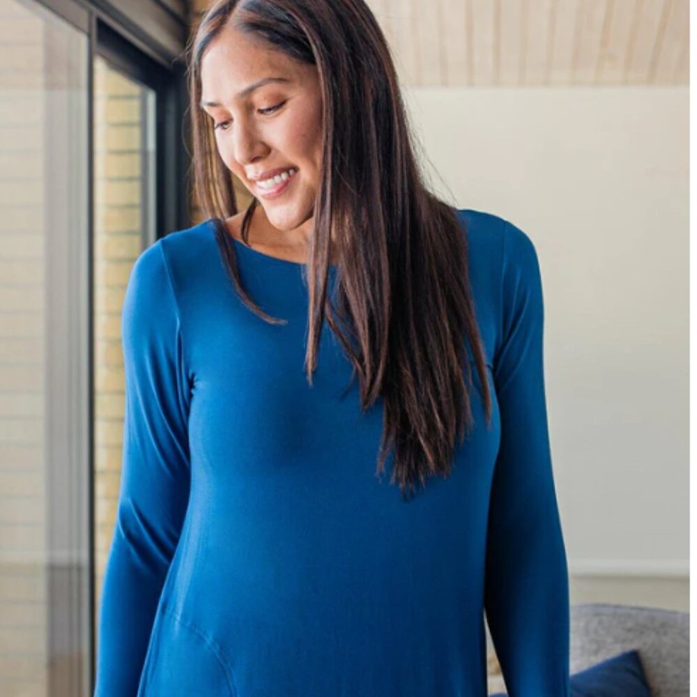 Yala Mia Long Sleeve A-line Bamboo Dress Lapis with Pockets